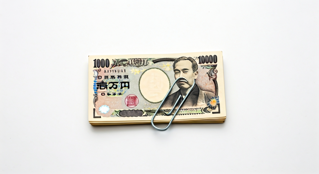 An overhead flat-lay photograph on a single surface, one unified arrangement, shallow depth of field, one focal point, Clean modern illustration, trustworthy medical aesthetic, professional and approachable, Clean white backgrounds, calming blue and green accents, bright and hopeful atmosphere, Healthcare concepts, medical research imagery, healthy lifestyle, clinical but warm, Subject: An overhead flat-lay photograph of neatly stacked Japanese Yen banknotes, secured with a simple paper clip, arranged on a clean, light gray surface. Shallow depth of field, focus on the topmost bill, high quality, professional photography, soft natural lighting, 8K resolution, no people, objects only