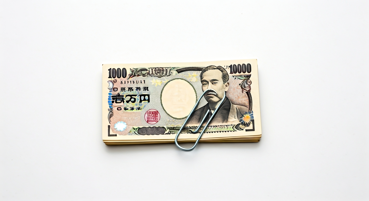 An overhead flat-lay photograph on a single surface, one unified arrangement, shallow depth of field, one focal point, Clean modern illustration, trustworthy medical aesthetic, professional and approachable, Clean white backgrounds, calming blue and green accents, bright and hopeful atmosphere, Healthcare concepts, medical research imagery, healthy lifestyle, clinical but warm, Subject: An overhead flat-lay photograph of neatly stacked Japanese Yen banknotes, secured with a simple paper clip, arranged on a clean, light gray surface. Shallow depth of field, focus on the topmost bill, high quality, professional photography, soft natural lighting, 8K resolution, no people, objects only