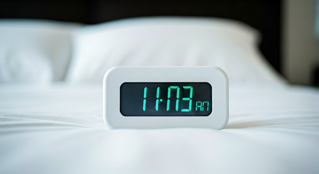 A close-up centered photograph of one main subject filling the entire frame, shallow depth of field, one focal point, bokeh background, Clean modern illustration, trustworthy medical aesthetic, professional and approachable, Clean white backgrounds, calming blue and green accents, bright and hopeful atmosphere, Healthcare concepts, medical research imagery, healthy lifestyle, clinical but warm, Subject: A close-up photograph of a digital alarm clock displaying 10:00 AM, resting on a neatly made bed with crisp white sheets, shallow depth of field focusing on the clock face, high quality, professional photography, soft natural lighting, 8K resolution, no people, objects only