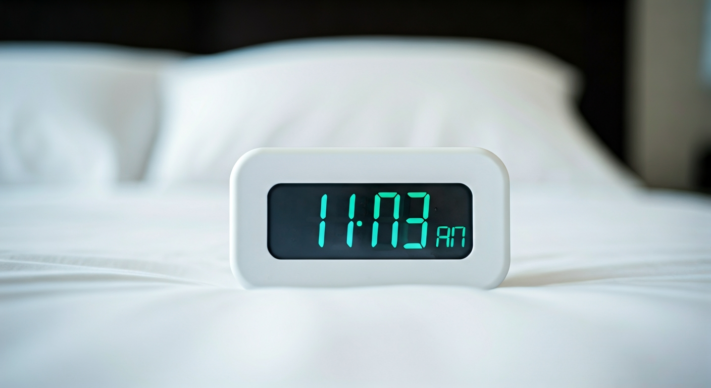 A close-up centered photograph of one main subject filling the entire frame, shallow depth of field, one focal point, bokeh background, Clean modern illustration, trustworthy medical aesthetic, professional and approachable, Clean white backgrounds, calming blue and green accents, bright and hopeful atmosphere, Healthcare concepts, medical research imagery, healthy lifestyle, clinical but warm, Subject: A close-up photograph of a digital alarm clock displaying 10:00 AM, resting on a neatly made bed with crisp white sheets, shallow depth of field focusing on the clock face, high quality, professional photography, soft natural lighting, 8K resolution, no people, objects only