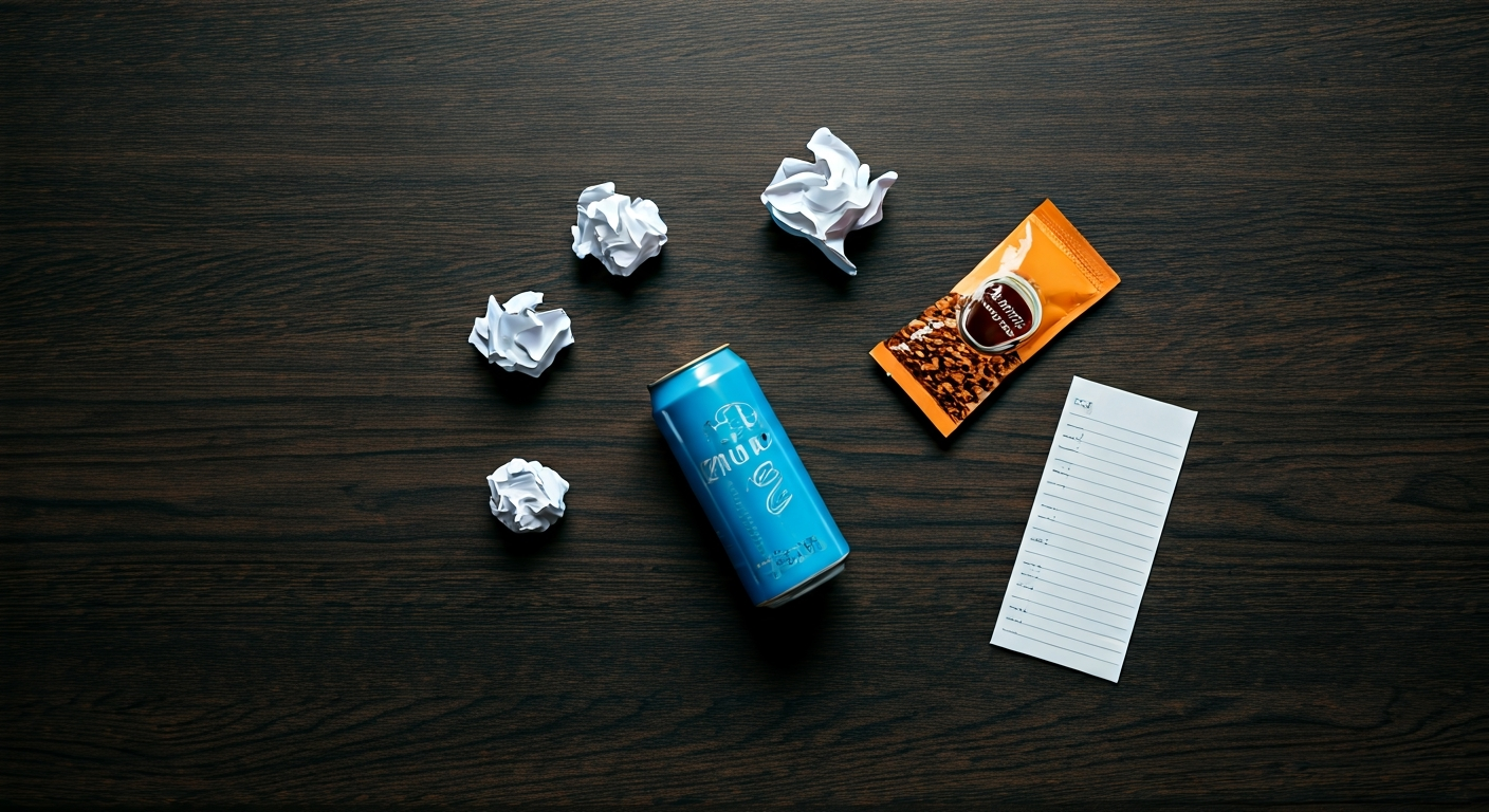 An overhead flat-lay photograph on a single surface, one unified arrangement, shallow depth of field, one focal point, Clean modern illustration, trustworthy medical aesthetic, professional and approachable, Clean white backgrounds, calming blue and green accents, bright and hopeful atmosphere, Healthcare concepts, medical research imagery, healthy lifestyle, clinical but warm, Subject: An overhead flat-lay photograph of scattered instant coffee packets, a half-empty energy drink can, and a crumpled to-do list on a dark wooden surface, shallow depth of field, high quality, professional photography, soft natural lighting, 8K resolution, no people, objects only