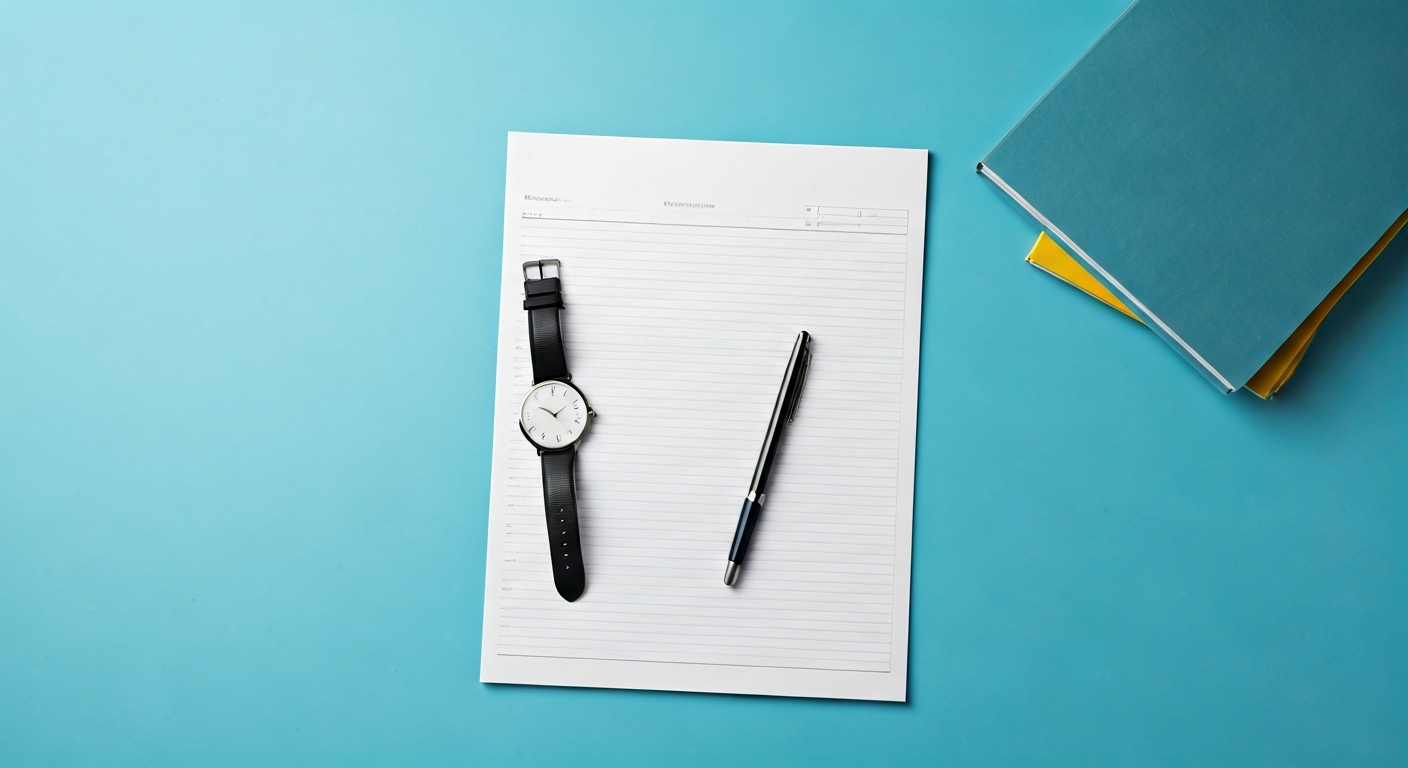 An overhead flat-lay photograph on a single surface, one unified arrangement, shallow depth of field, one focal point, Clean modern illustration, trustworthy medical aesthetic, professional and approachable, Clean white backgrounds, calming blue and green accents, bright and hopeful atmosphere, Healthcare concepts, medical research imagery, healthy lifestyle, clinical but warm, Subject: An overhead flat-lay photograph of a neatly arranged daily schedule written on lined paper, surrounded by a pen, a wristwatch, and a small stack of medical journals, shallow depth of field, high quality, professional photography, soft natural lighting, 8K resolution, no people, objects only