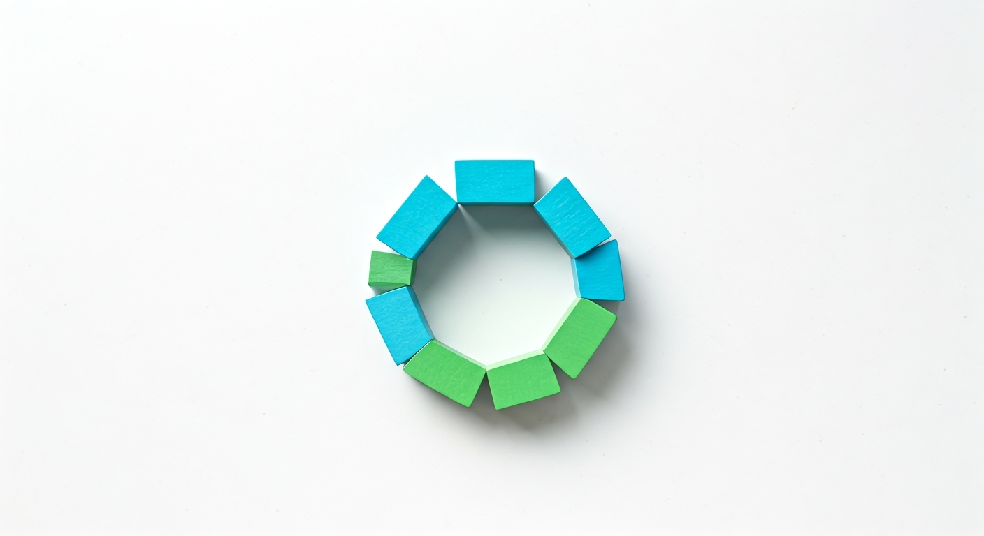 An overhead flat-lay photograph on a single surface, one unified arrangement, shallow depth of field, one focal point, Clean modern illustration, trustworthy medical aesthetic, professional and approachable, Clean white backgrounds, calming blue and green accents, bright and hopeful atmosphere, Healthcare concepts, medical research imagery, healthy lifestyle, clinical but warm, Subject: An overhead flat-lay photograph of colorful building blocks arranged on a clean white surface, forming a simple pie chart. Shallow depth of field blurs the edges, focusing on the central arrangement, high quality, professional photography, soft natural lighting, 8K resolution, no people, objects only