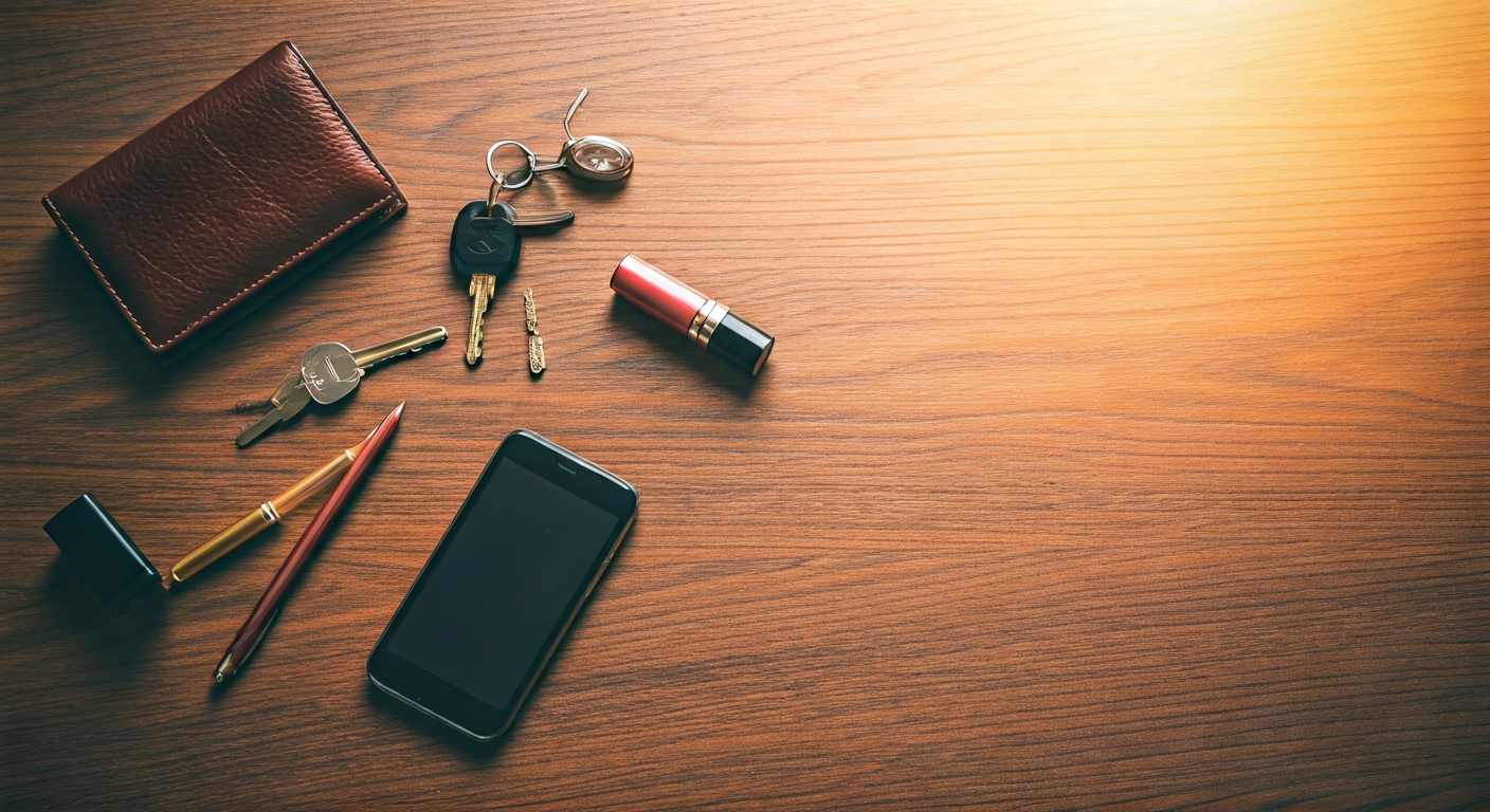 見出し2用: 【体験談】入院治験で得たもの！20代男性が語るリアルな経験と成長 - overhead flat-lay photograph of scattered and lost 人物al belongings: wallet