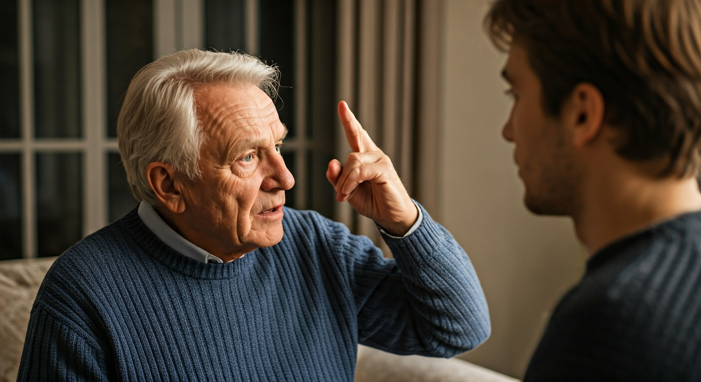 見出し1用: 認知症治験の検査ってどんなことするの?物忘れが気になる方へ - a frustrated elderly 人物 scolding a young adult