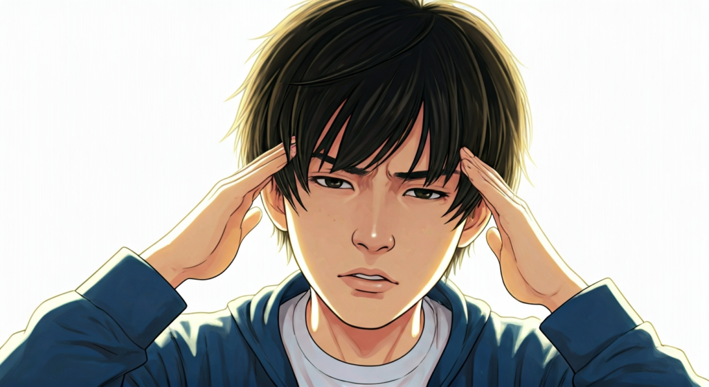 つらい片頭痛を治したい！最新治療と2026年治験情報を解説 - a japanese 人物 suffering from a headache. bright background.