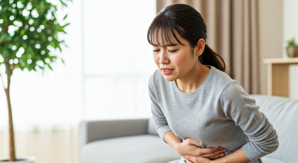 子宮内膜症治験で未来を拓く：最新情報と参加方法ガイド【2024年版】 - a japanese 女性 clutches her stomach in pain