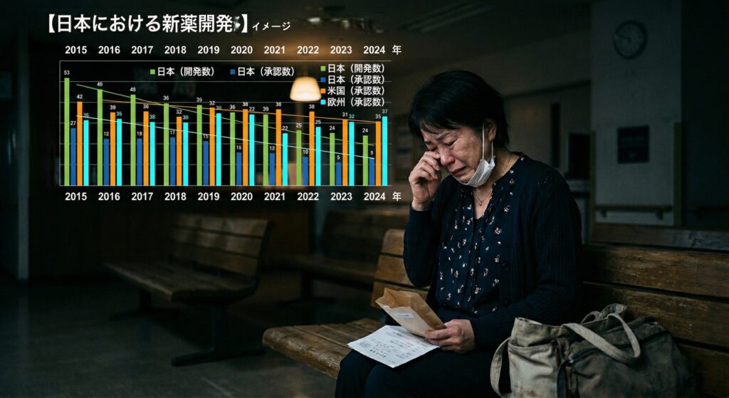 日本はなぜ新薬が届かない国になったのか？「ドラッグ・ロス」が招く医療の未来と治験の役割 - イメージイラスト